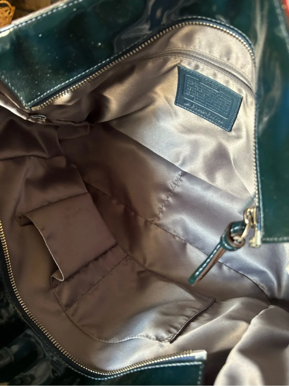 Coach Gallery Signature Embossed Patent Leather East West Tote Teal F07729